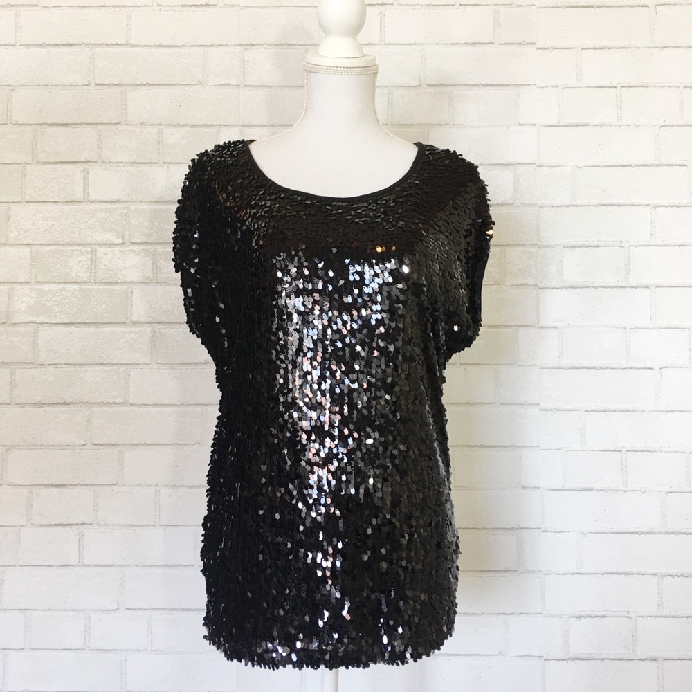 3/$20 Valleygirl Black Layered Sequined Retro Drapey Sleeveless Top Blouse